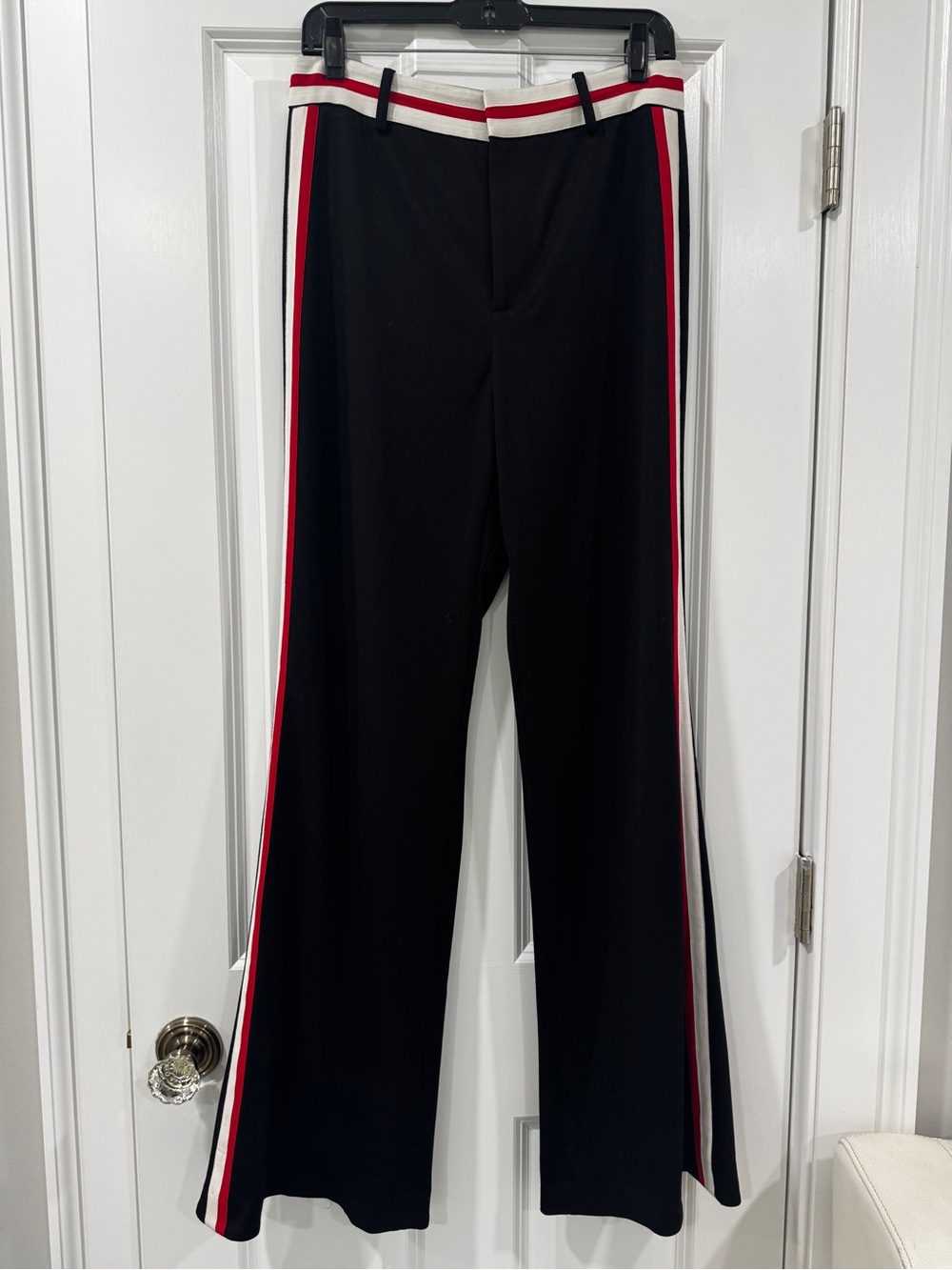 Alice + Olivia Black Wide-Leg Pants with Red & White Side Stripes